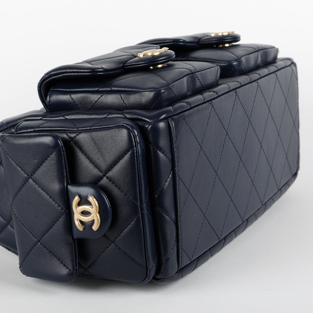 Shiny Lambskin Quilted Trendy Pockets Hobo Navy Blue