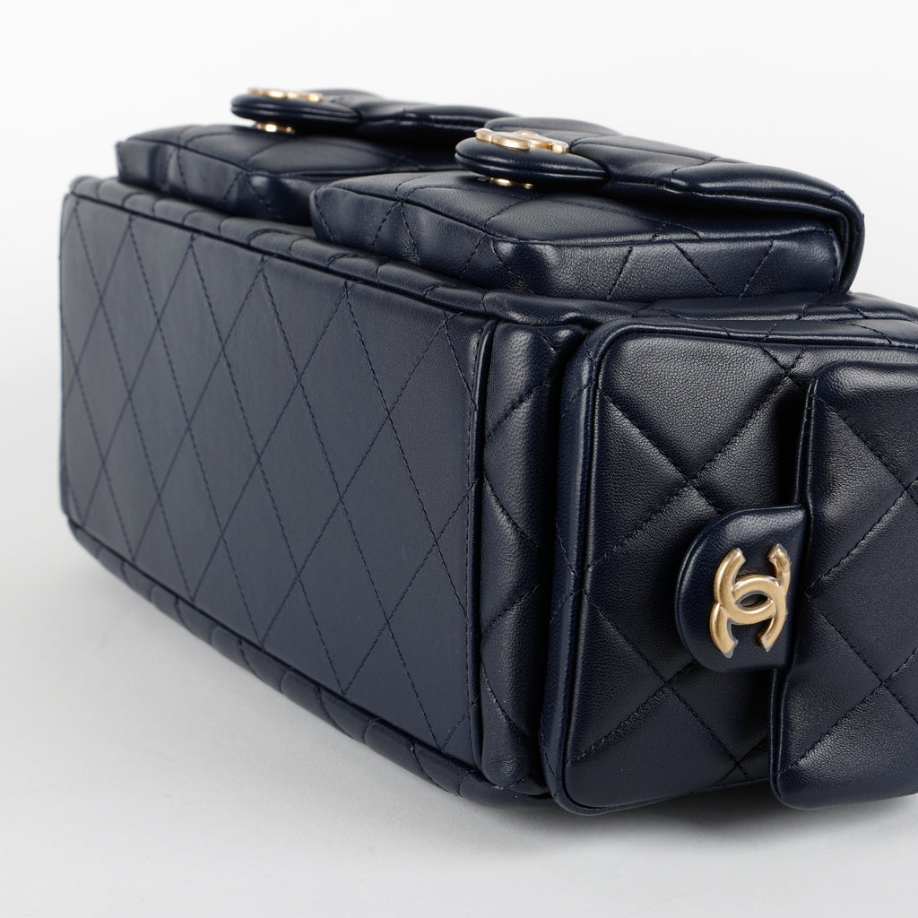 Shiny Lambskin Quilted Trendy Pockets Hobo Navy Blue