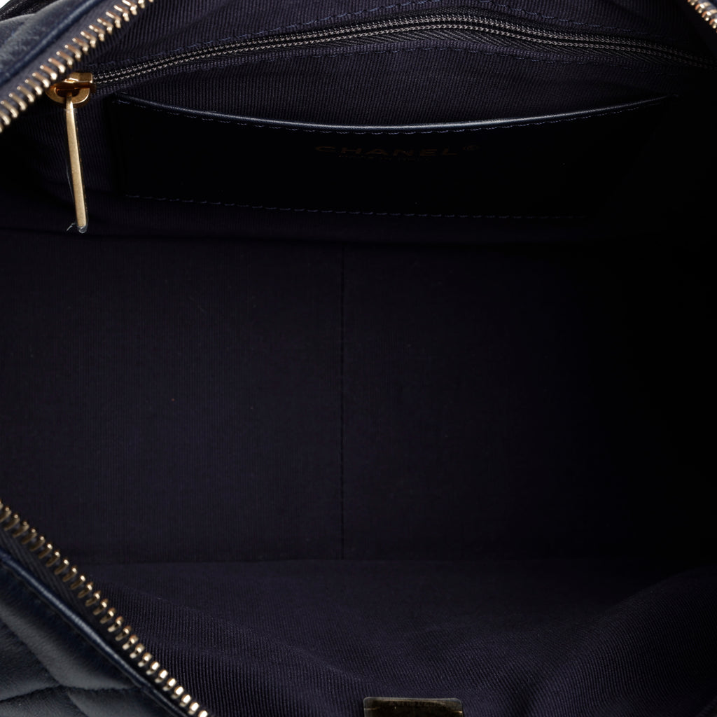 Shiny Lambskin Quilted Trendy Pockets Hobo Navy Blue