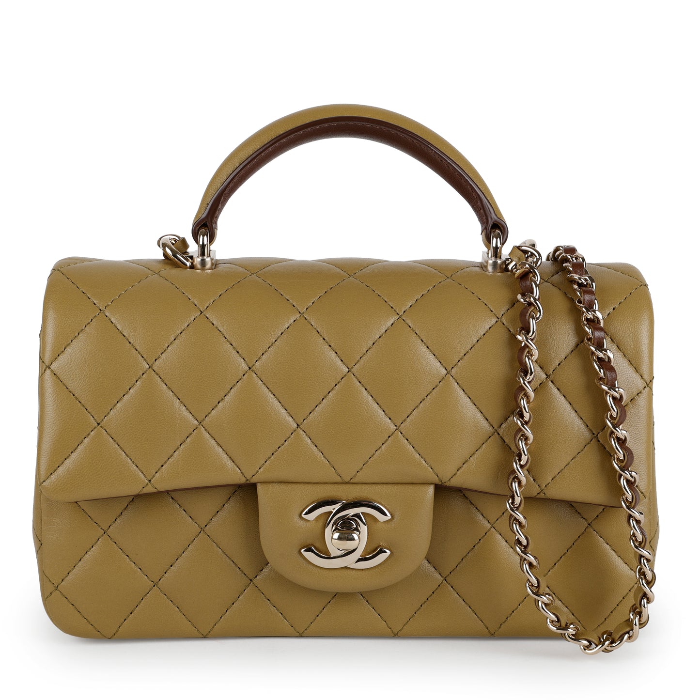 Bicolor Mini Top Handle Flap Bag, Olive Green & Brown Lambskin