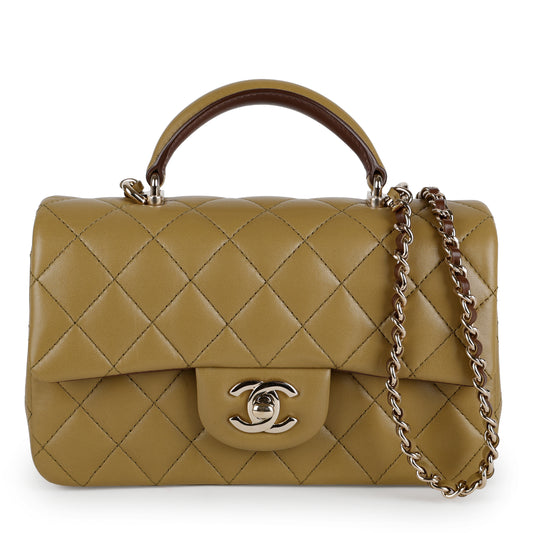 Bicolor Mini Top Handle Flap Bag, Olive Green & Brown Lambskin