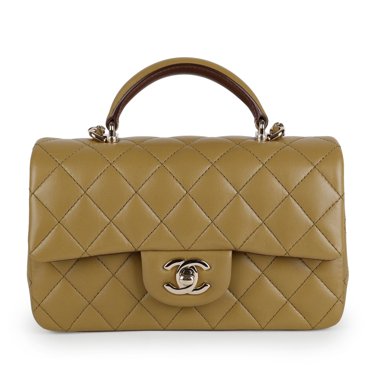 Bicolor Mini Top Handle Flap Bag, Olive Green & Brown Lambskin