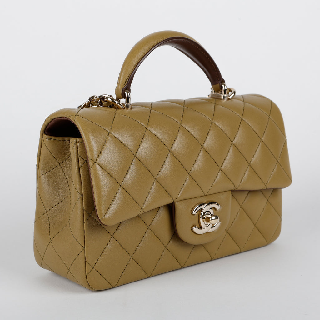 Bicolor Mini Top Handle Flap Bag, Olive Green & Brown Lambskin