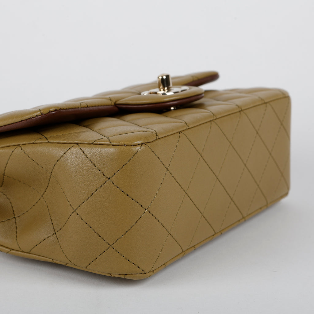 Bicolor Mini Top Handle Flap Bag, Olive Green & Brown Lambskin