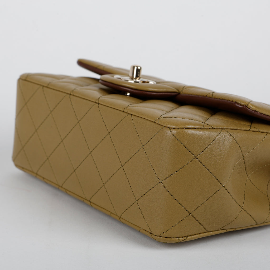 Bicolor Mini Top Handle Flap Bag, Olive Green & Brown Lambskin