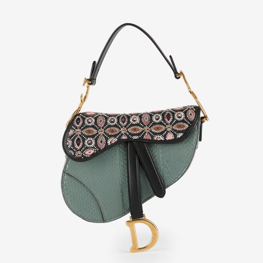 Mini Saddle Bag, Green Python/Multicolor Beaded
