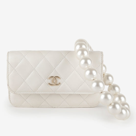 Mini Maxi Pearls Wallet on Chain, White Lambskin