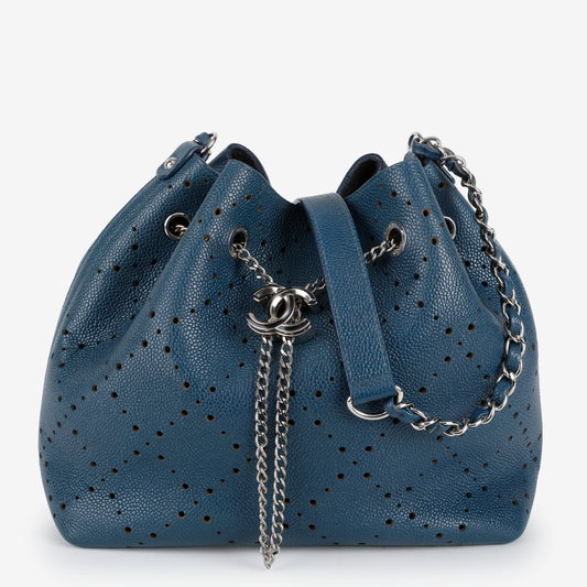 Medium Drawstring Perforated Bucket Bag, Blue Caviar
