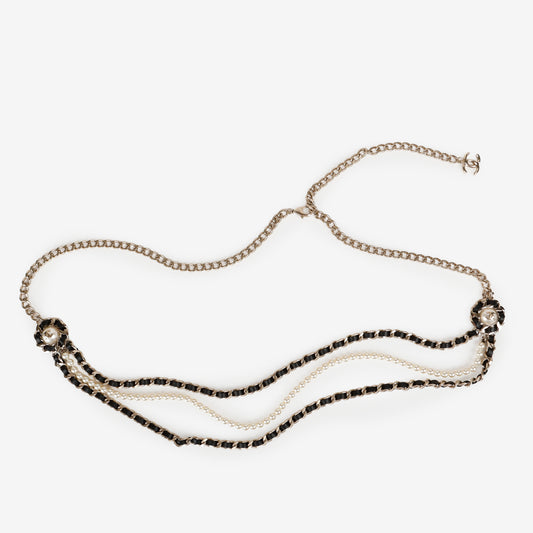 Pearl Lambskin Chain Belt or Necklace Gold Black