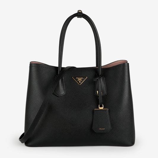 Cuir Double Tote Large, Black Saffiano Rose