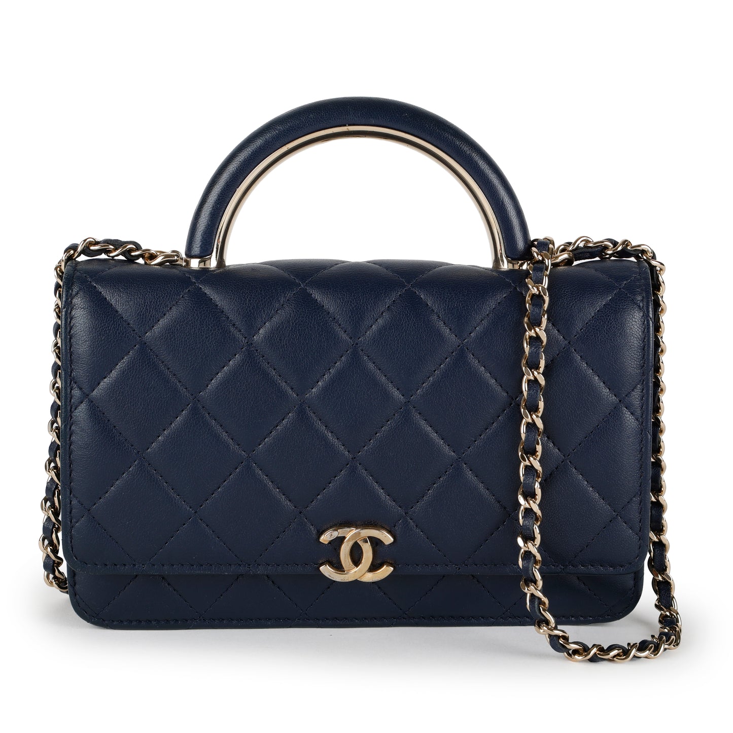 Charming Top Handle Wallet on Chain, Navy Lambskin