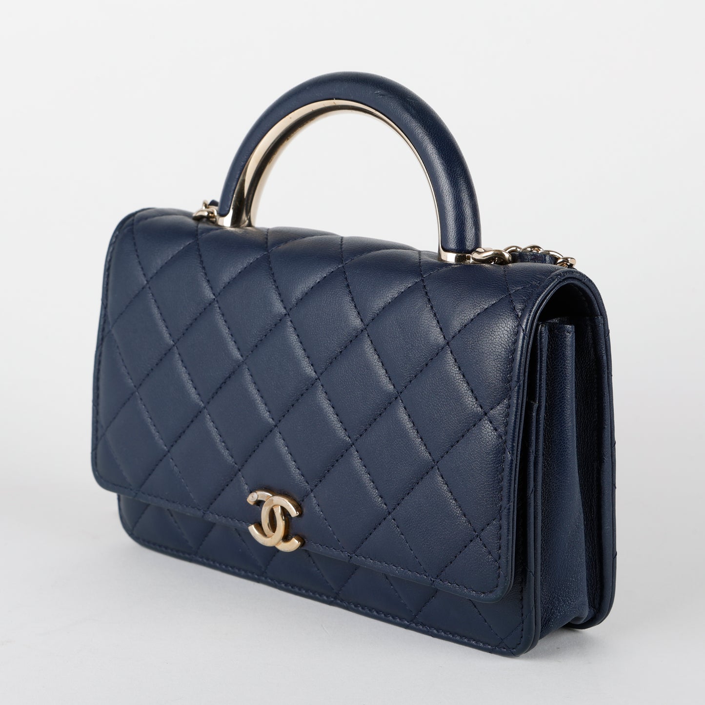 Charming Top Handle Wallet on Chain, Navy Lambskin