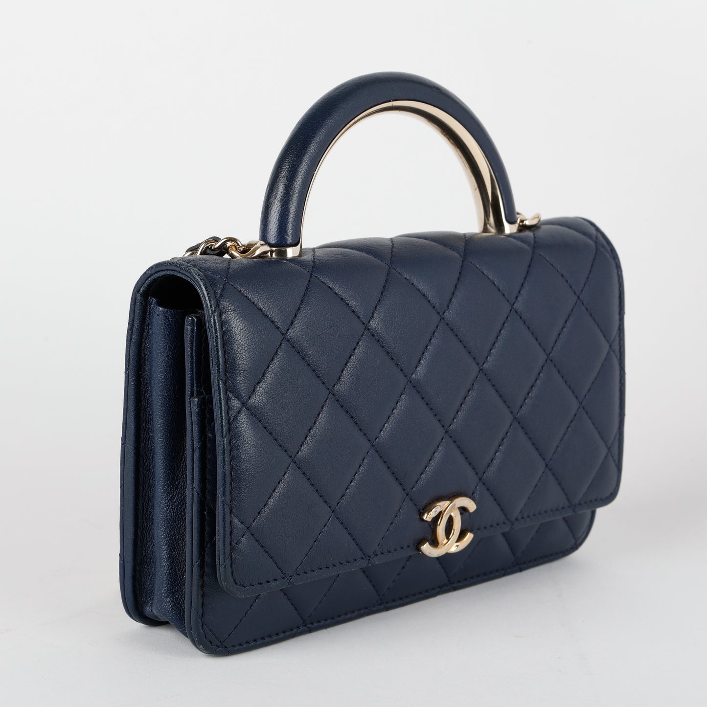 Charming Top Handle Wallet on Chain, Navy Lambskin