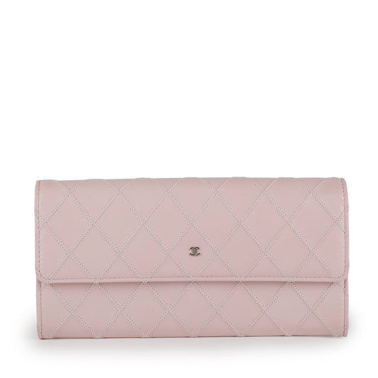 Long Quilted Bifold Wallet, Pink Calfskin