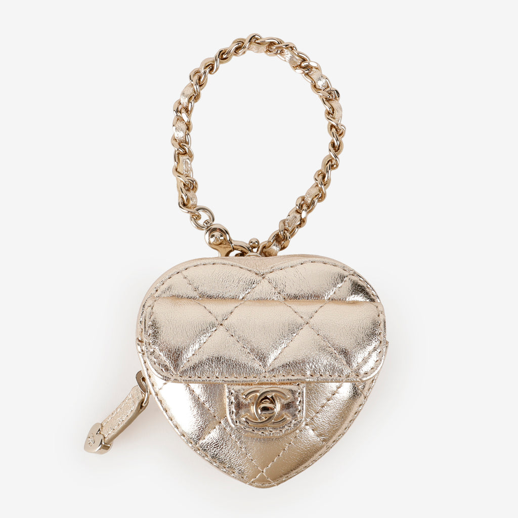 Metallic Gold Lambskin CC In Love Heart Bag Charm