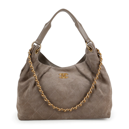 26C Large Quilted Hobo Bag, Grey Suede