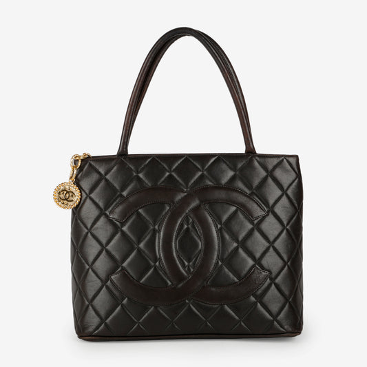 Medium Medallion Tote, Black Lambskin