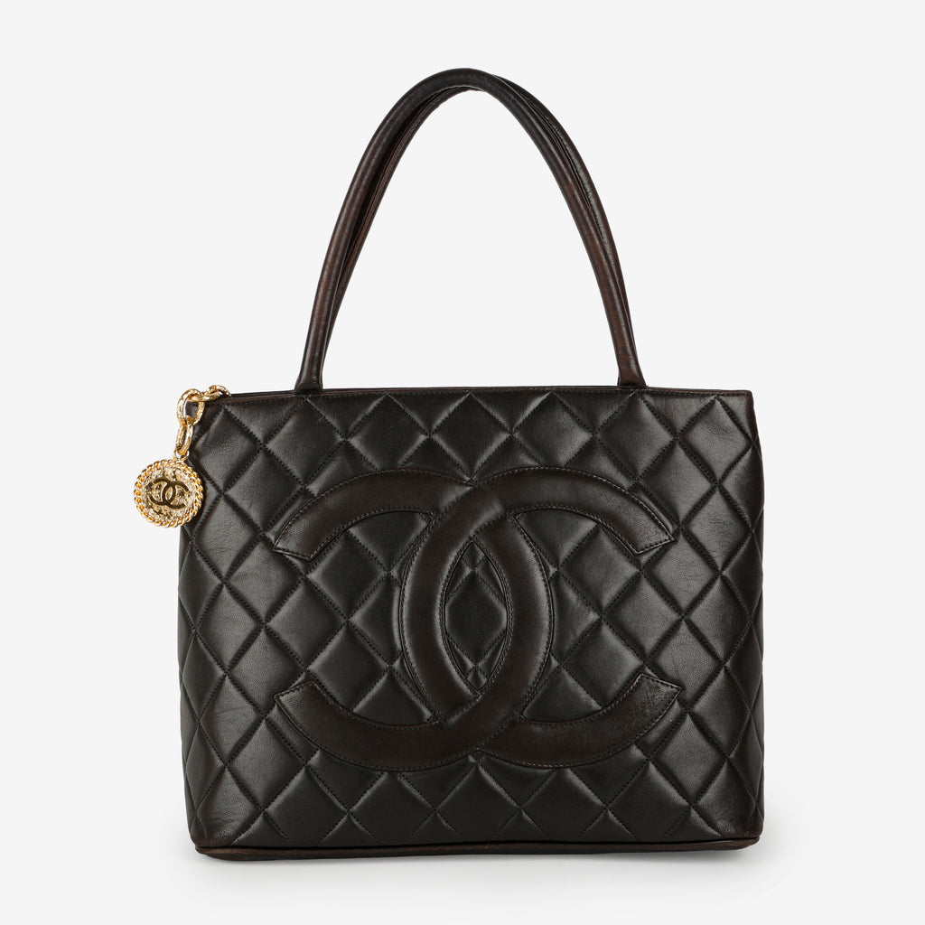 Medium Medallion Tote, Black Lambskin