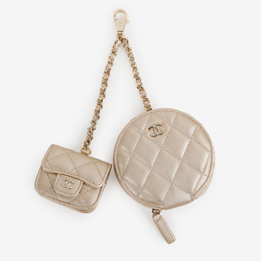 Coin Purse & Airpods Case on Chain, Gold Metallic Lambskin