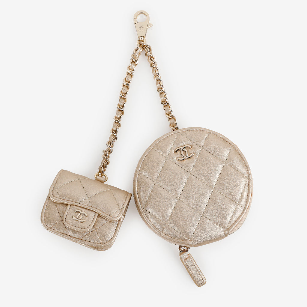 Coin Purse & Airpods Case on Chain, Gold Metallic Lambskin