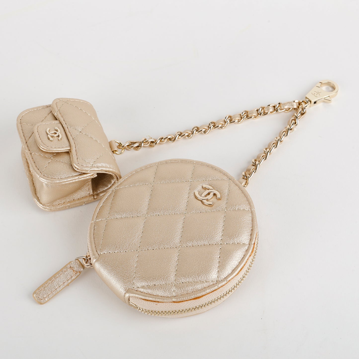 Coin Purse & Airpods Case on Chain, Gold Metallic Lambskin