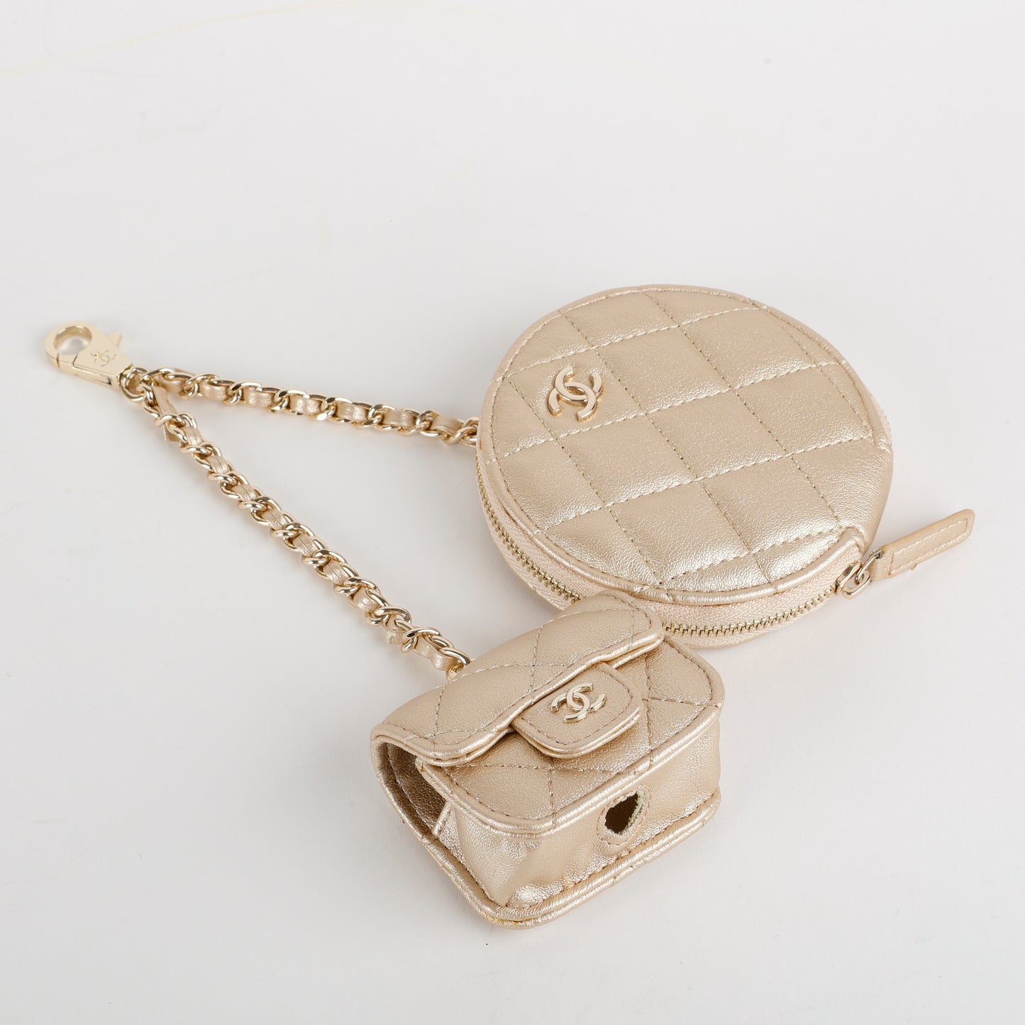 Coin Purse & Airpods Case on Chain, Gold Metallic Lambskin