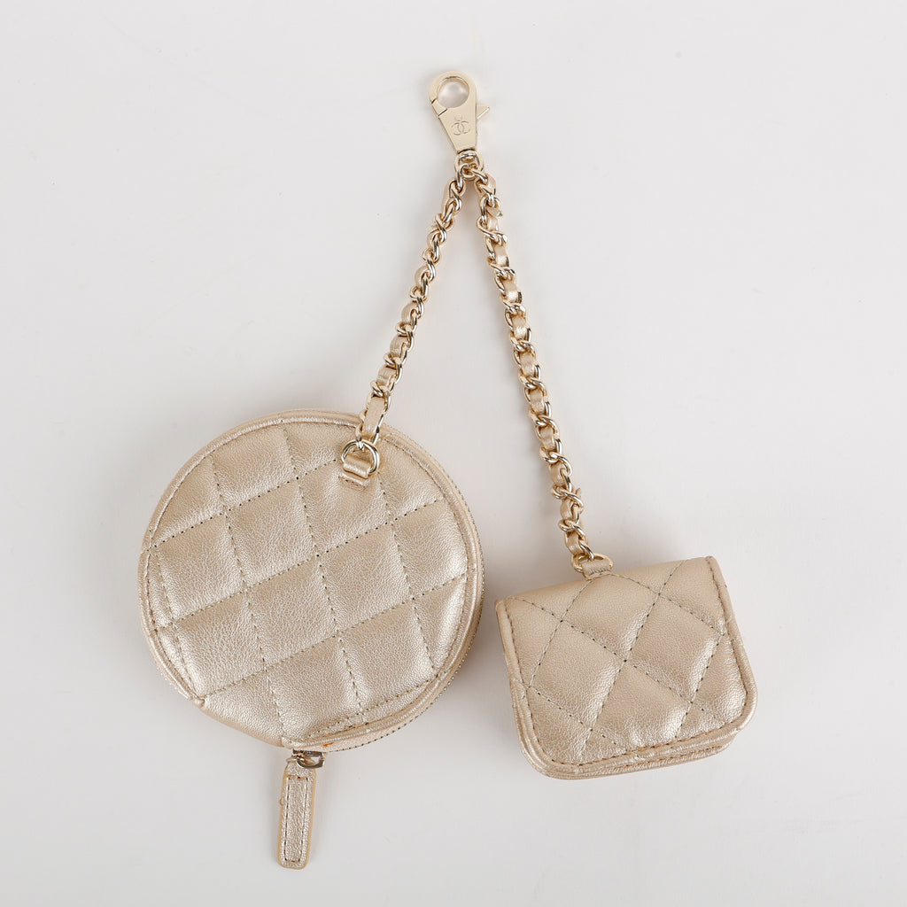 Coin Purse & Airpods Case on Chain, Gold Metallic Lambskin