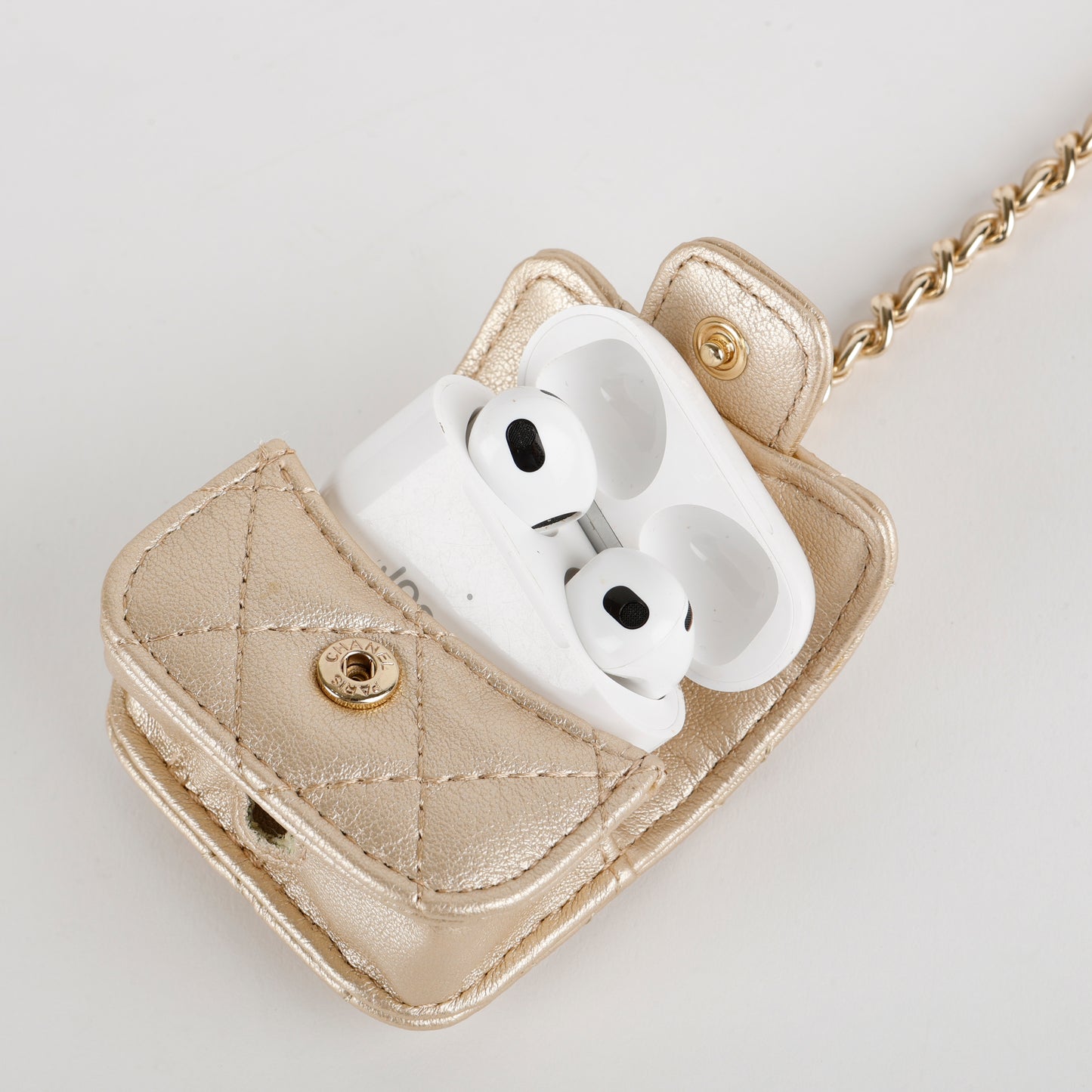 Coin Purse & Airpods Case on Chain, Gold Metallic Lambskin