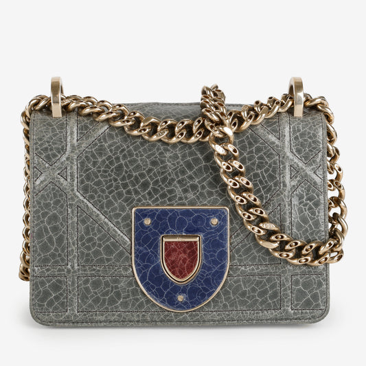 Small Diorama Flap Bag, Green Crackled Leather