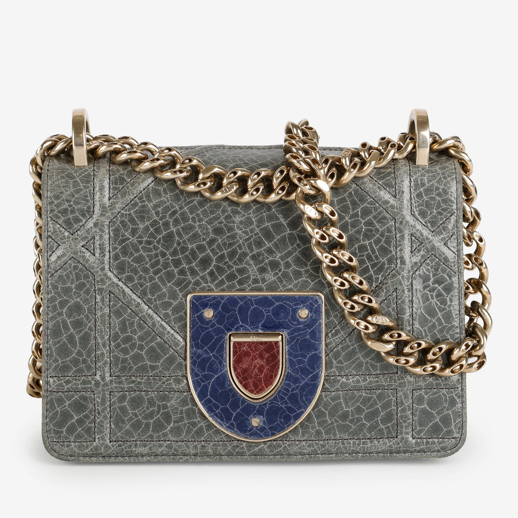 Small Diorama Flap Bag, Green Crackled Leather