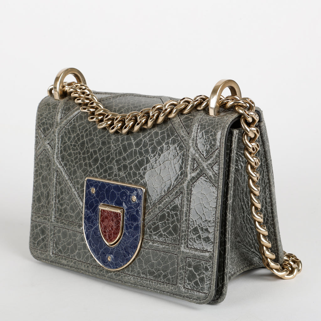 Small Diorama Flap Bag, Green Crackled Leather