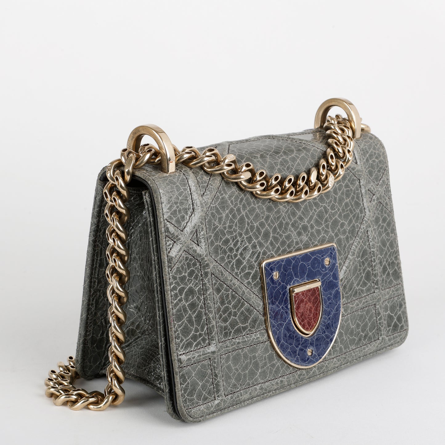 Small Diorama Flap Bag, Green Crackled Leather