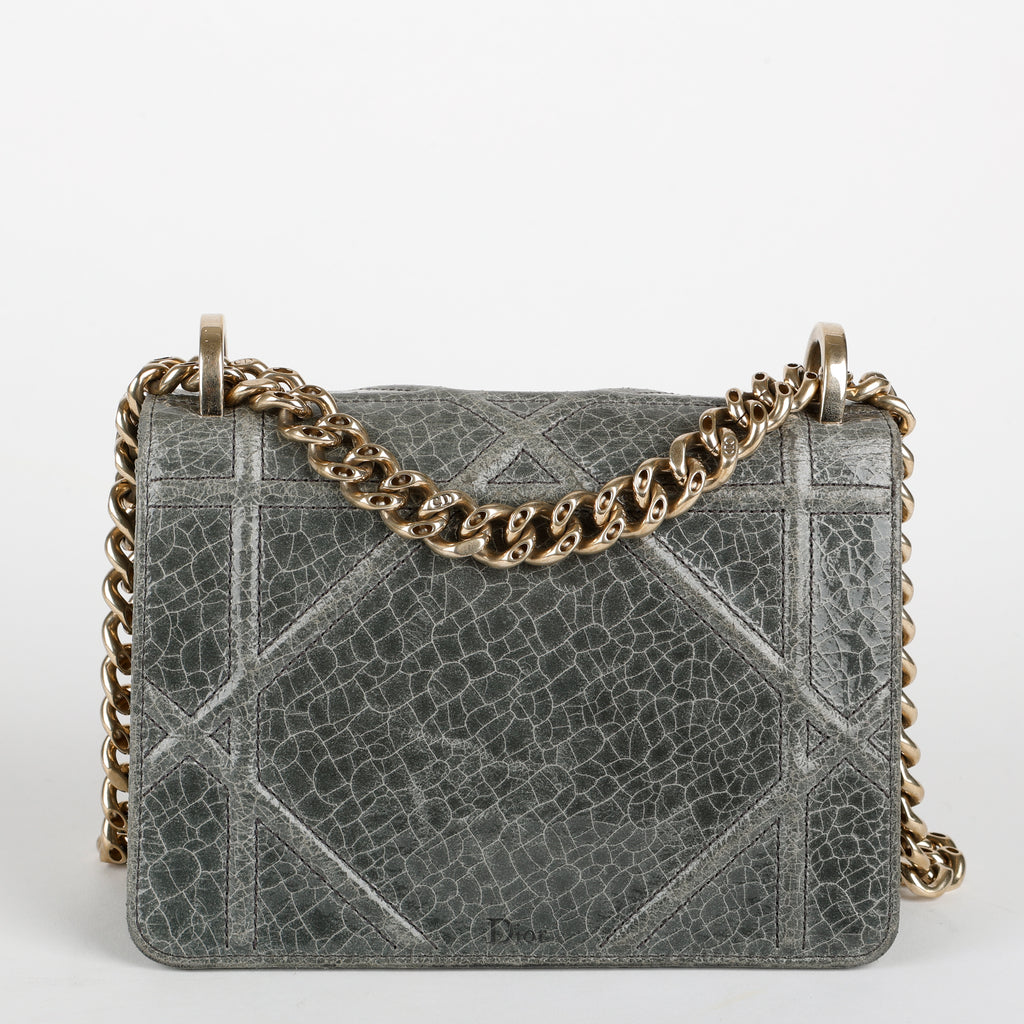 Small Diorama Flap Bag, Green Crackled Leather