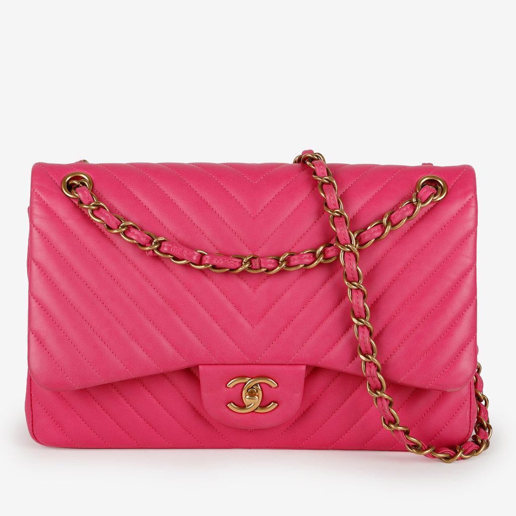 Jumbo Double Flap, Fuschia Chevron Lambskin