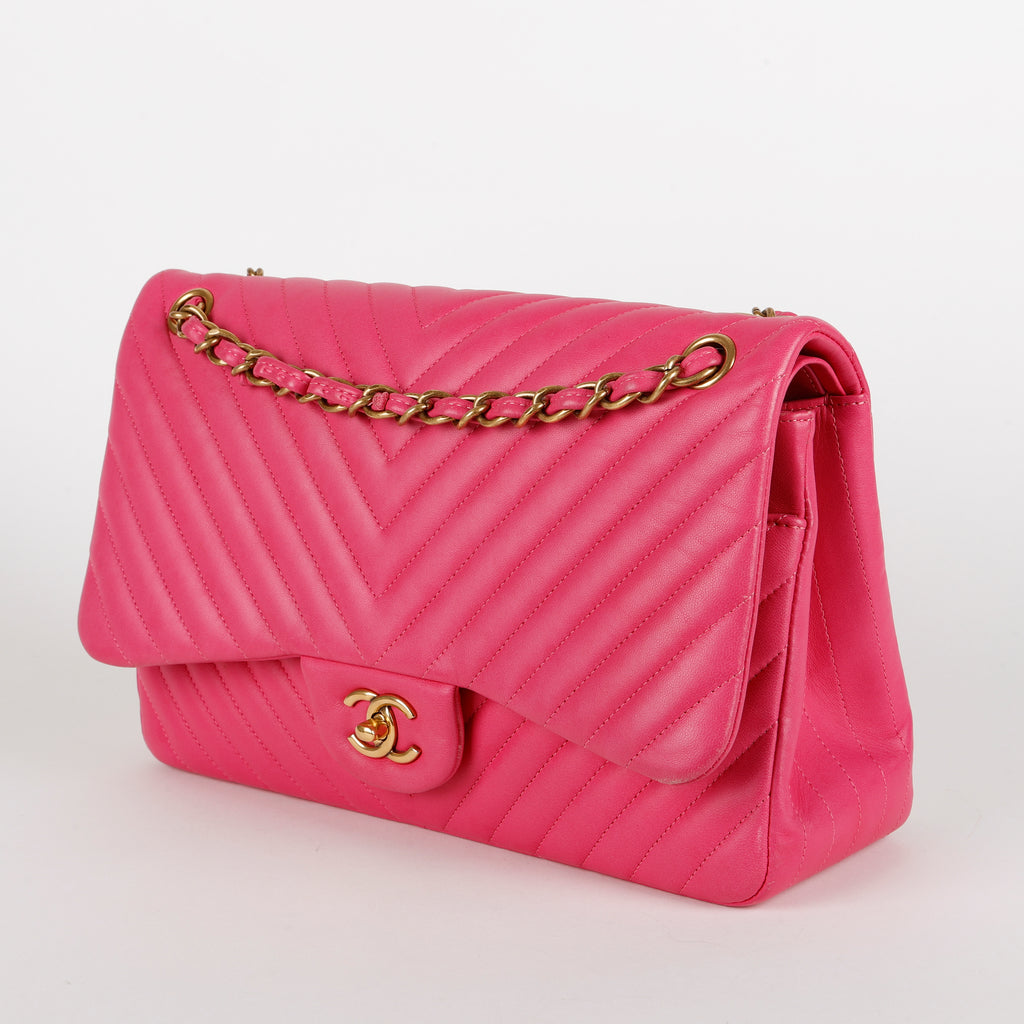 Jumbo Double Flap, Fuschia Chevron Lambskin