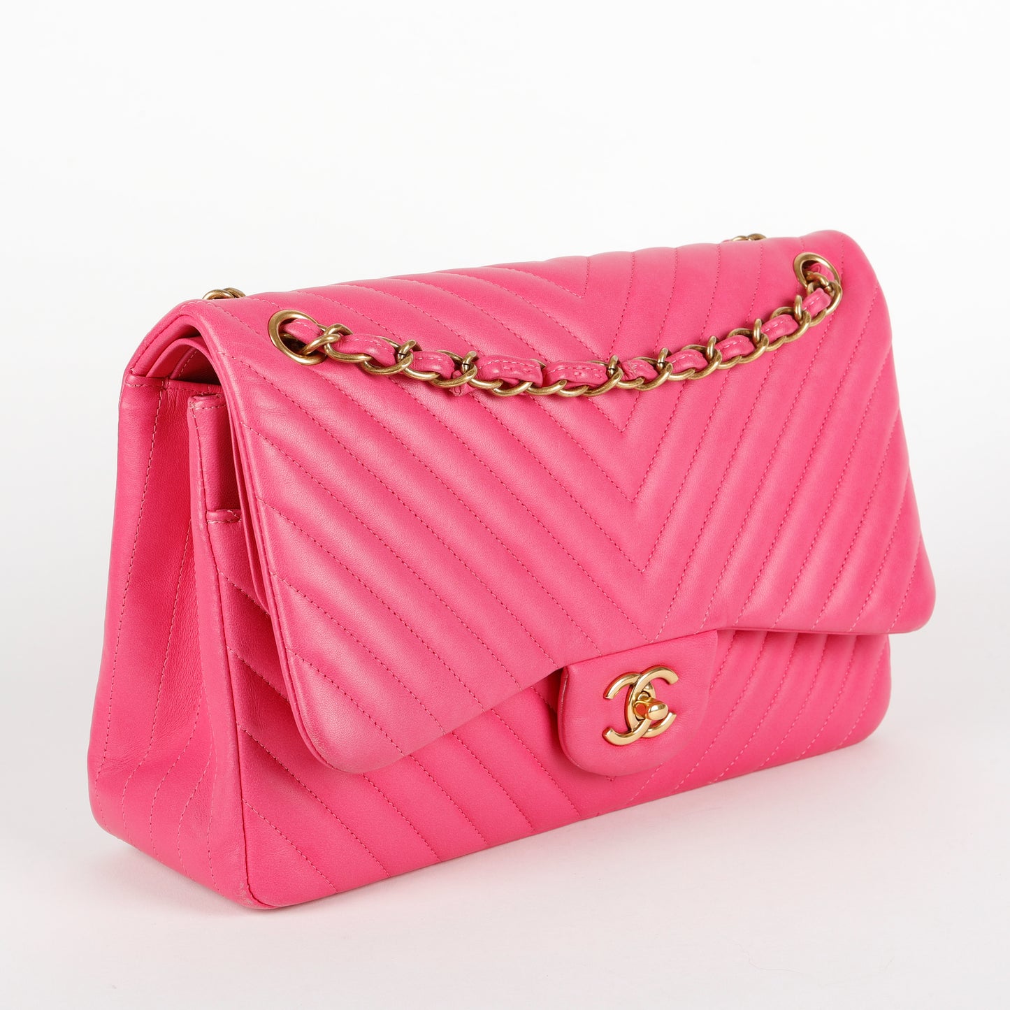 Jumbo Double Flap, Fuschia Chevron Lambskin