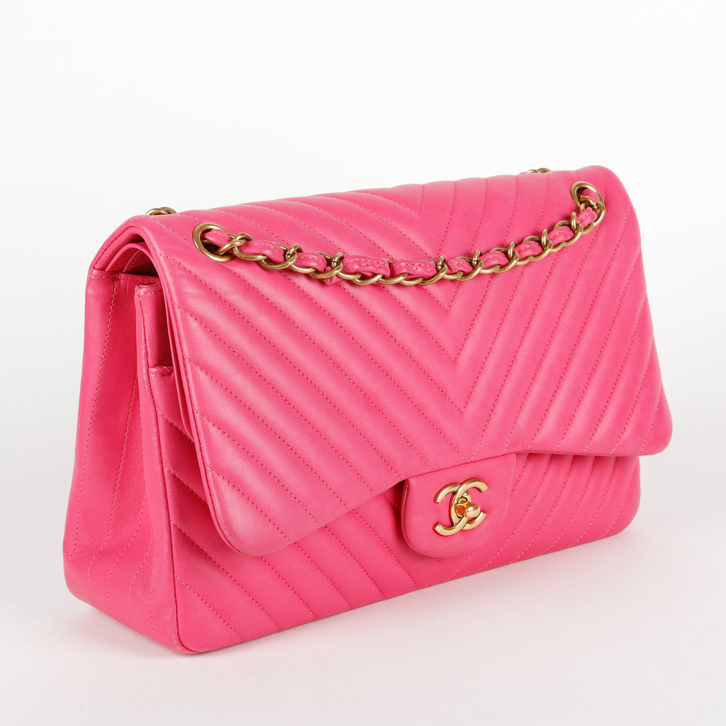 Jumbo Double Flap, Fuschia Chevron Lambskin