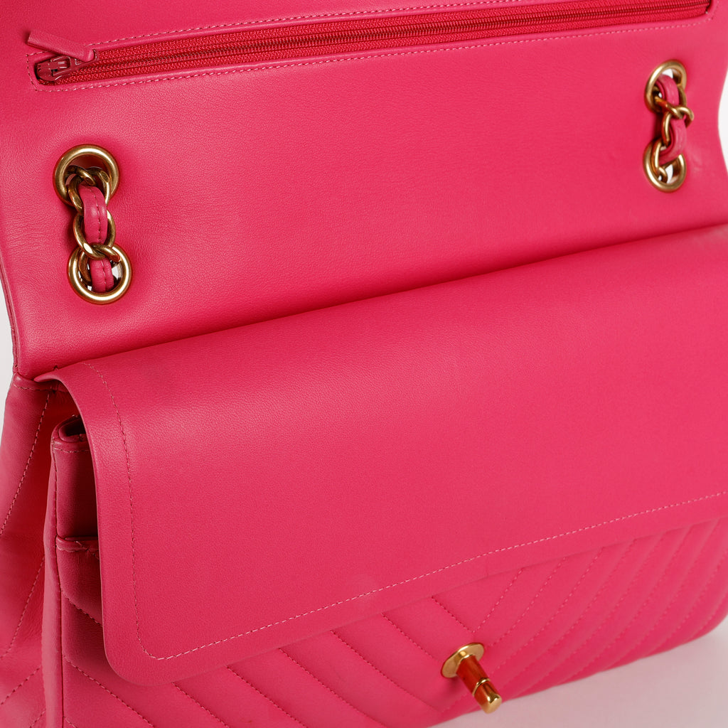 Jumbo Double Flap, Fuschia Chevron Lambskin