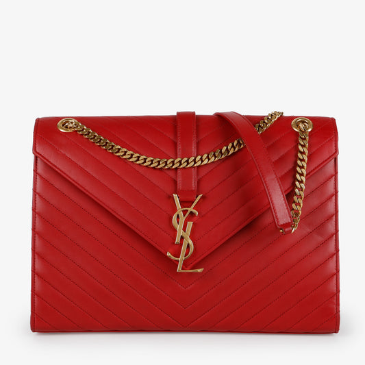 Large Envelope, Red Chevron Calfskin Gold Hardware