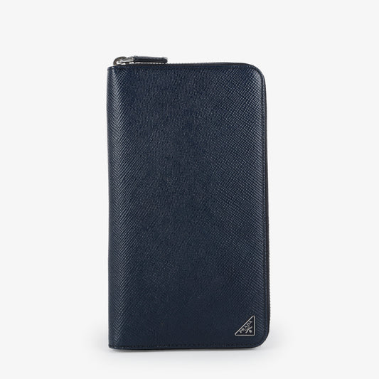 Long Zip Around Wallet, Navy Blue Saffiano