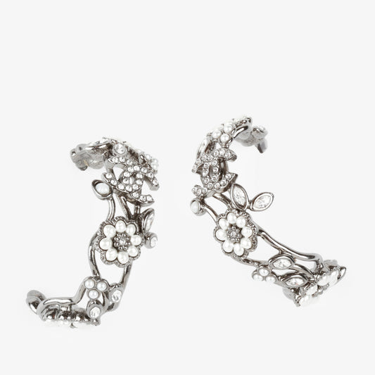Silver Pearl Flower Hoop Earrings