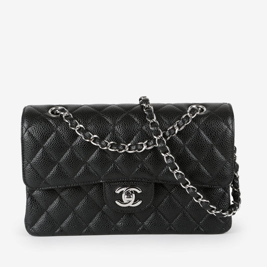 Small Double Flap, Black Caviar Silver Hardware