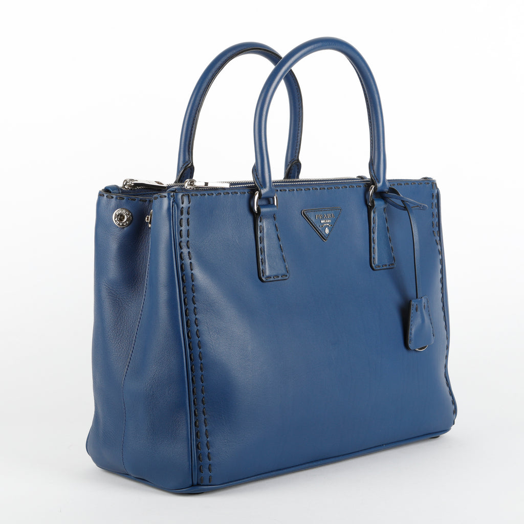 Medium Stitched City Galleria, Blue Calfskin