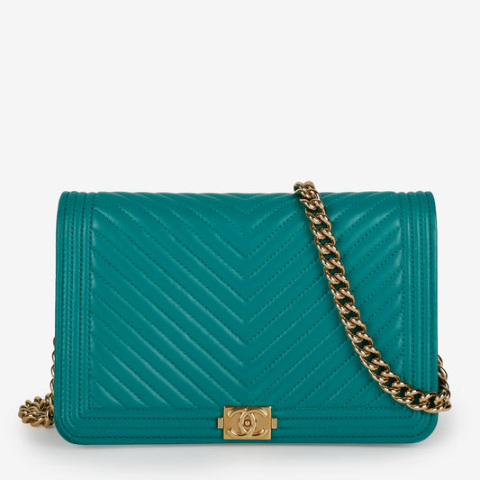 Boy Wallet on Chain, Teal Chevron Lambskin