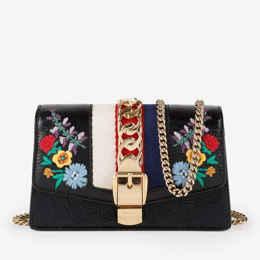 Super Mini Sylvie on Chain, Black Flower Embroidered