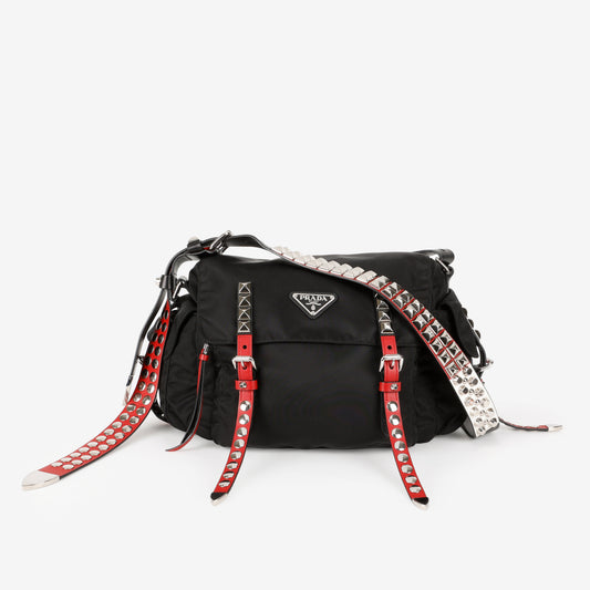 New Vela Studded Messenger, Black Nylon/Fuoco
