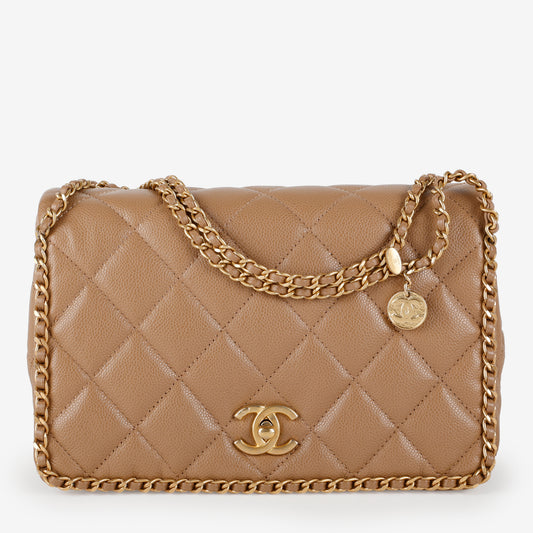 Multi Chain Around Flap Bag, Beige Caviar