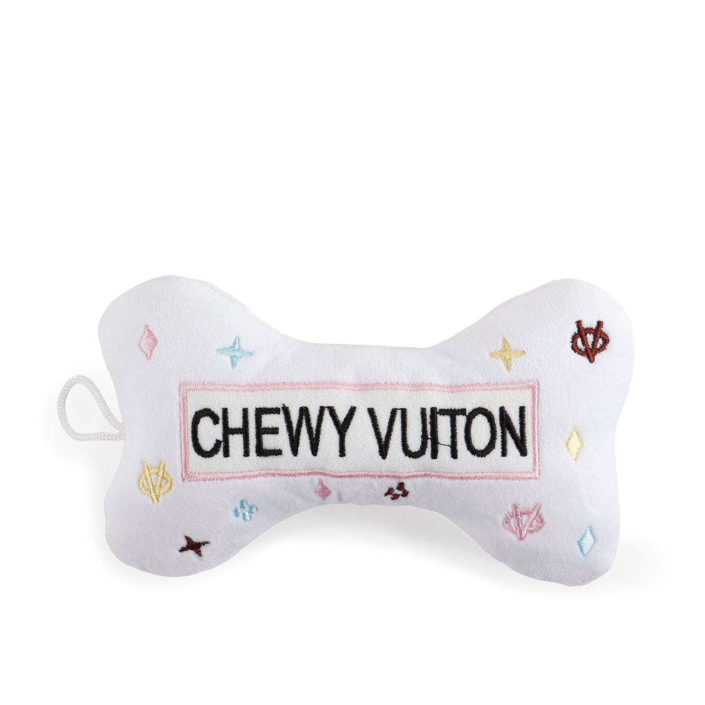 White Chewy Vuiton Bones Squeaker Dog Toy