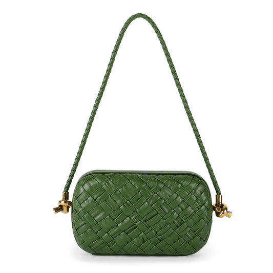 Knot Minaudiere on Strap, Green Intrecciato Leather