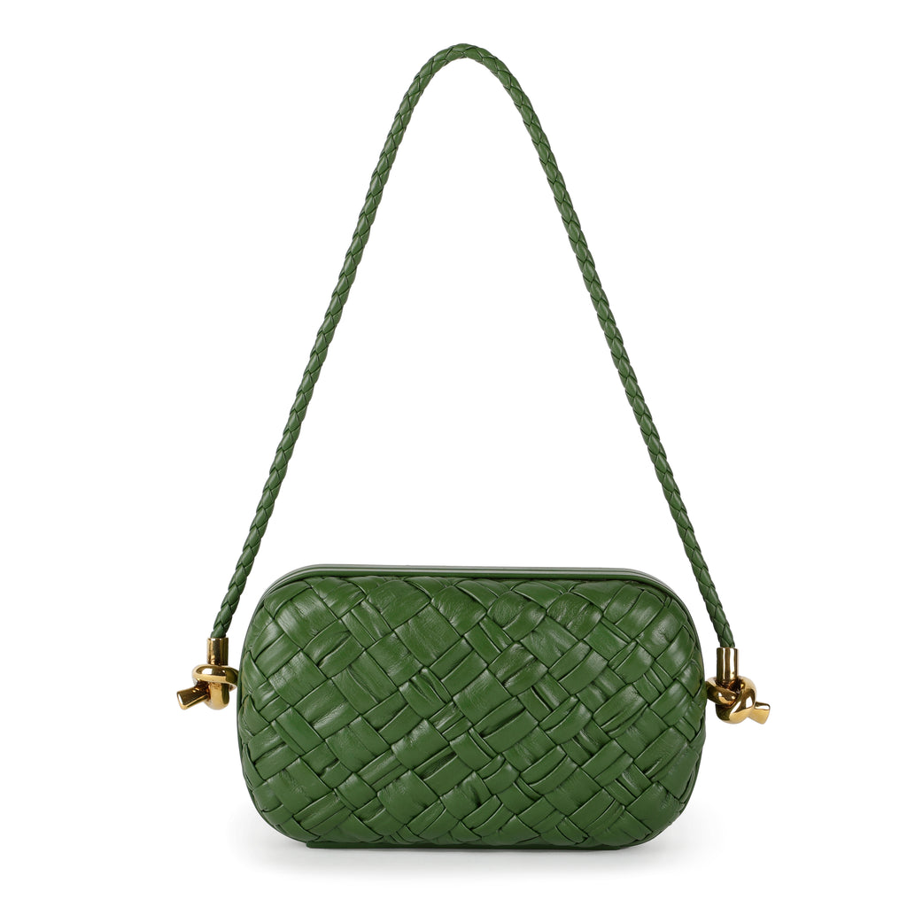 Knot Minaudiere on Strap, Green Intrecciato Leather